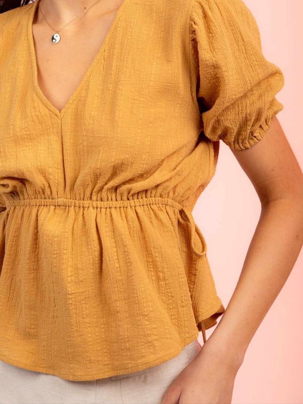 Very J Mustard V-Neck Textured Peplum Blouse